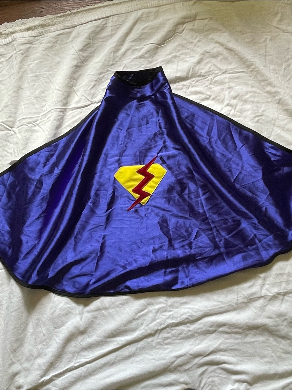 Kids Blue Satin Cape with Yellow & Red Lightning Emblem
